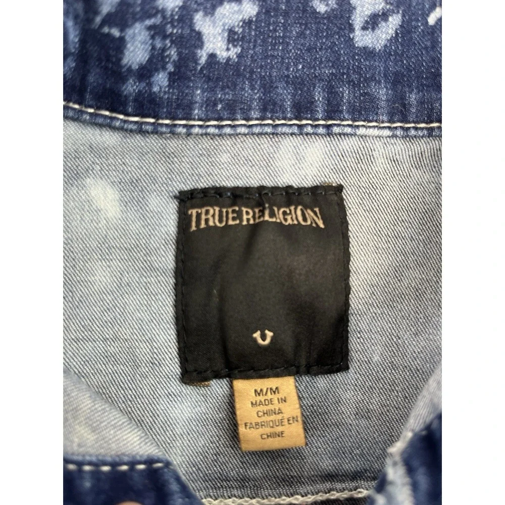 True Religion Denim Jean Jacket Youth Medium Distressed Acid Wash Blue White
